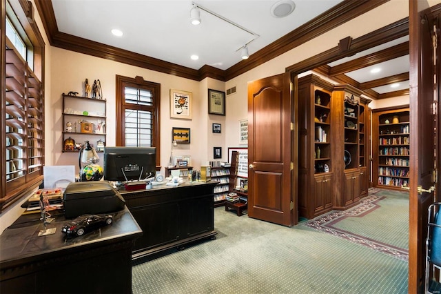 carpeted office featuring ornamental molding