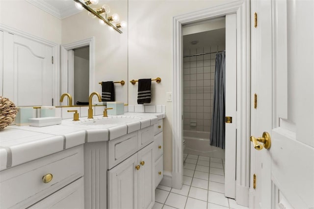 full bathroom featuring tile patterned flooring, vanity, ornamental molding, and shower / bathtub combination with curtain