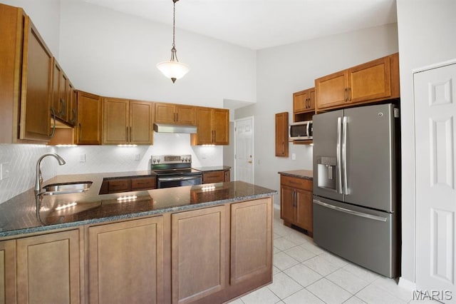 kitchen featuring appliances with stainless steel finishes, a sink, a peninsula, high vaulted ceiling, and under cabinet range hood