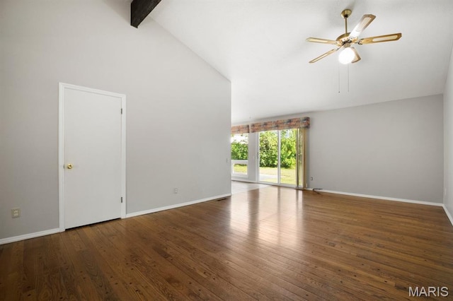 unfurnished living room featuring a ceiling fan, wood finished floors, baseboards, high vaulted ceiling, and beam ceiling