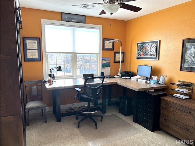 13185 Jenna Ln, Rolla, MO 65401 - office area featuring plenty of natural light, light carpet, and a ceiling fan