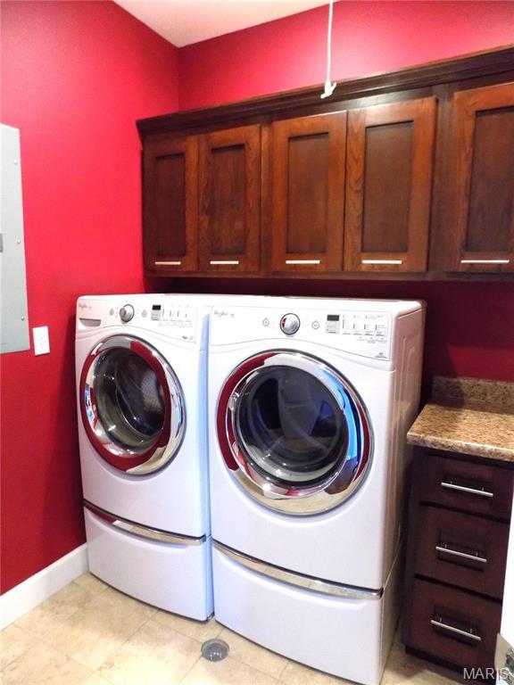 13185 Jenna Ln, Rolla, MO 65401 - clothes washing area with cabinet space, washing machine and dryer, electric panel, and baseboards