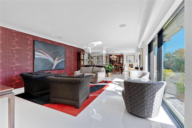 living room with crown molding, wallpapered walls, and tile patterned floors