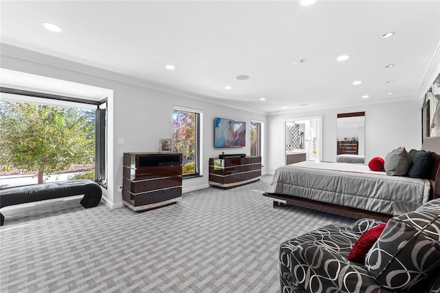carpeted bedroom with ornamental molding, recessed lighting, and baseboards