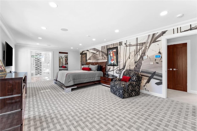 carpeted bedroom featuring ornamental molding, recessed lighting, ensuite bathroom, baseboards, and a spacious closet