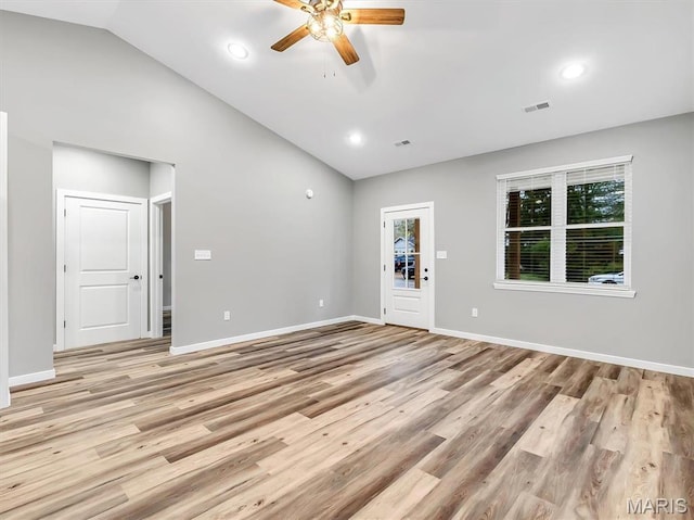 60 Cedar Brook Dr, Pacific, MO 63069 - unfurnished living room featuring ceiling fan, light wood-type flooring, high vaulted ceiling, and recessed lighting