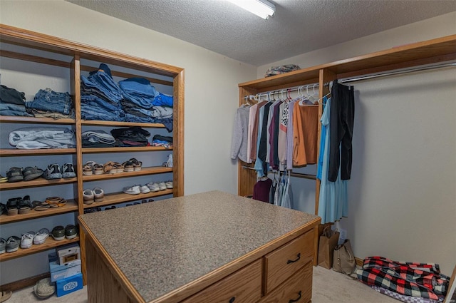 walk in closet featuring light colored carpet