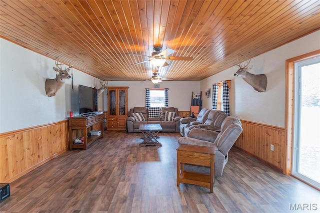 1106 W Parkview Dr, Belle, MO 65013 - living area with healthy amount of natural light, wooden walls, wainscoting, wood finished floors, and wood ceiling
