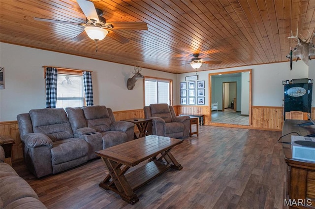 1106 W Parkview Dr, Belle, MO 65013 - living area with wainscoting, ceiling fan, wooden walls, wood ceiling, and healthy amount of natural light