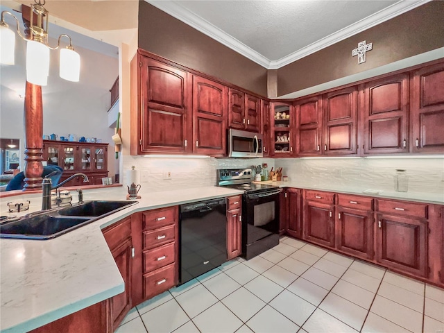 kitchen with black appliances, a sink, light tile patterned flooring, decorative backsplash, and crown molding