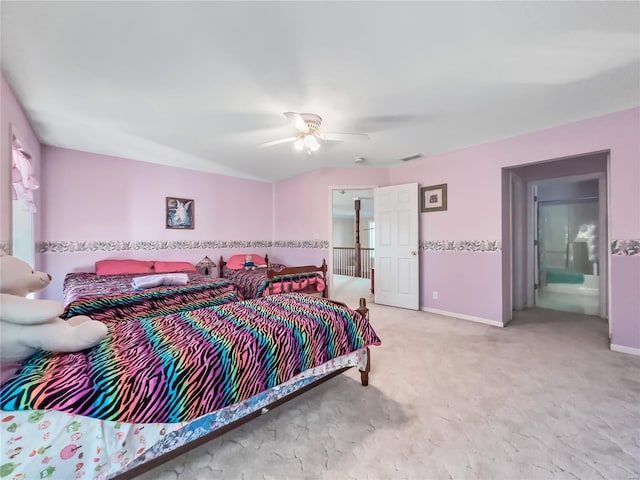 bedroom featuring light carpet, baseboards, and a ceiling fan
