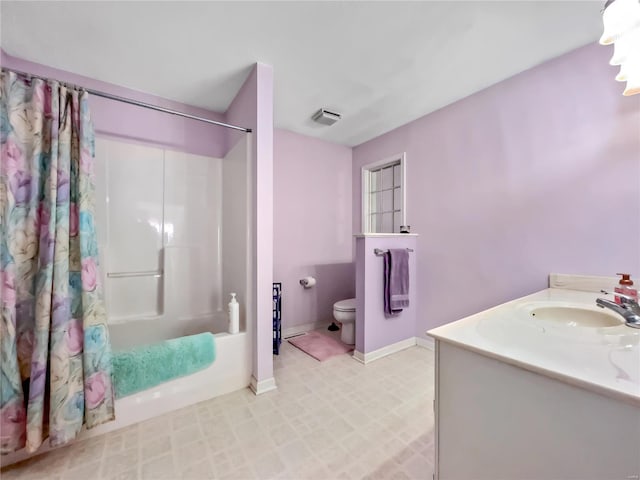 full bath with toilet, shower / tub combo, baseboards, tile patterned floors, and vanity