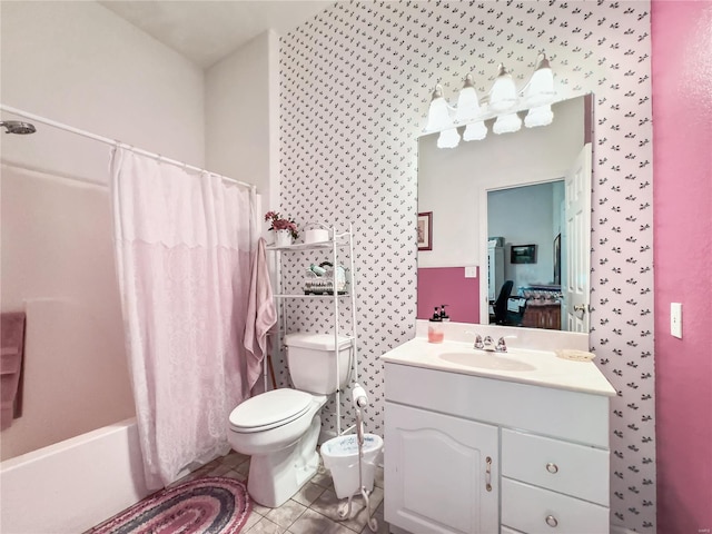 bathroom with wallpapered walls, toilet, vanity, tile patterned flooring, and shower / tub combo
