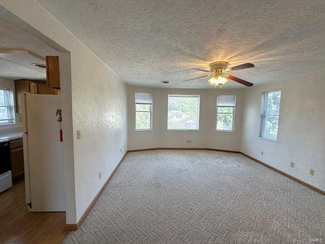 empty room with plenty of natural light, a textured ceiling, baseboards, a ceiling fan, and light carpet