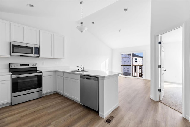 1064 Vardon Meadows Dr, Union, MO 63084 - kitchen with stainless steel appliances, a sink, lofted ceiling, a peninsula, and light wood-style flooring