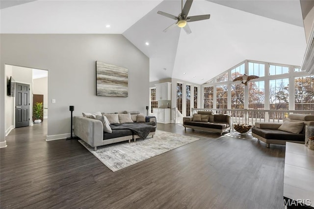 809 Peruque View Ct, Wentzville, MO 63385 - living area with high vaulted ceiling, ceiling fan, dark wood-style floors, baseboards, and recessed lighting