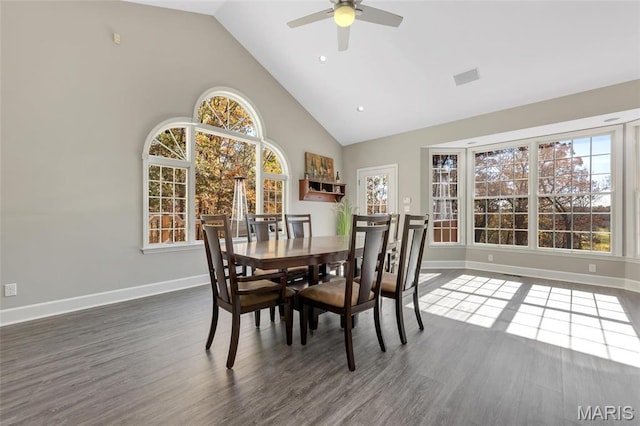 809 Peruque View Ct, Wentzville, MO 63385 - dining space with high vaulted ceiling, baseboards, ceiling fan, and wood finished floors