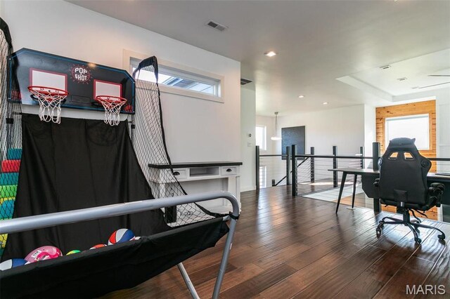 3723 Cabernet Ln, Edwardsville, IL 62025 - recreation room featuring wood finished floors, plenty of natural light, recessed lighting, and an office area