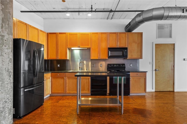 kitchen with black appliances, backsplash, a sink, a high ceiling, and finished concrete flooring