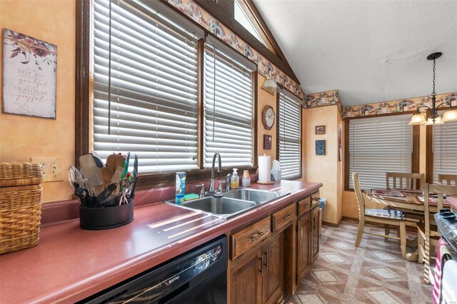 2230 Kent Dr, Cape Girardeau, MO 63701 - kitchen featuring a sink, dishwasher, vaulted ceiling, a chandelier, and decorative light fixtures