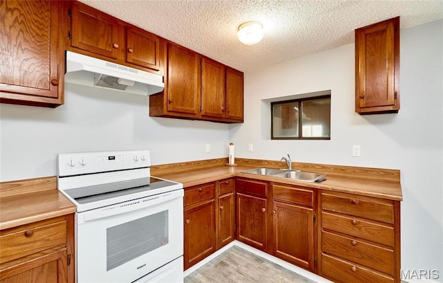 10994 Webster Rd, Caledonia, MO 63631 - kitchen with electric range, under cabinet range hood, a textured ceiling, light countertops, and brown cabinets
