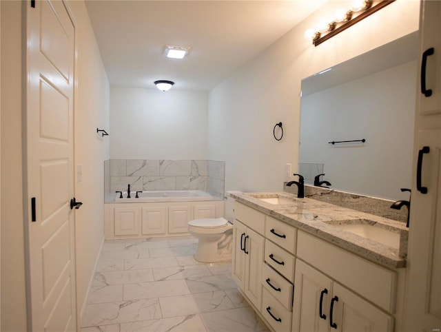 bathroom with marble look tile flooring, a garden tub, double vanity, and toilet