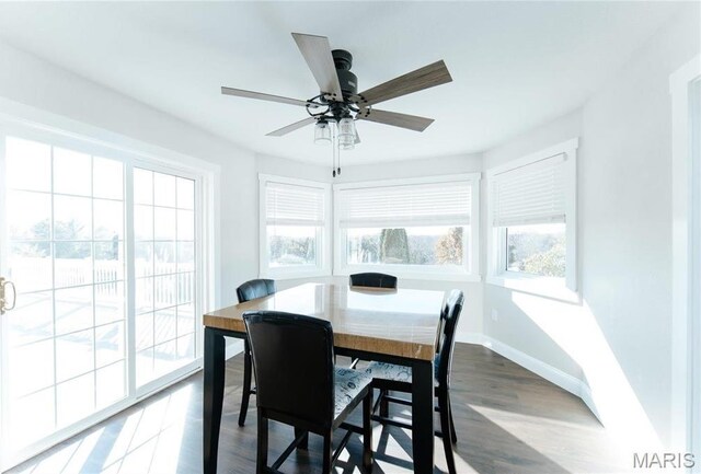 10605 Larson Ln, Rolla, MO 65401 - dining room featuring baseboards, dark wood-style floors, and a ceiling fan
