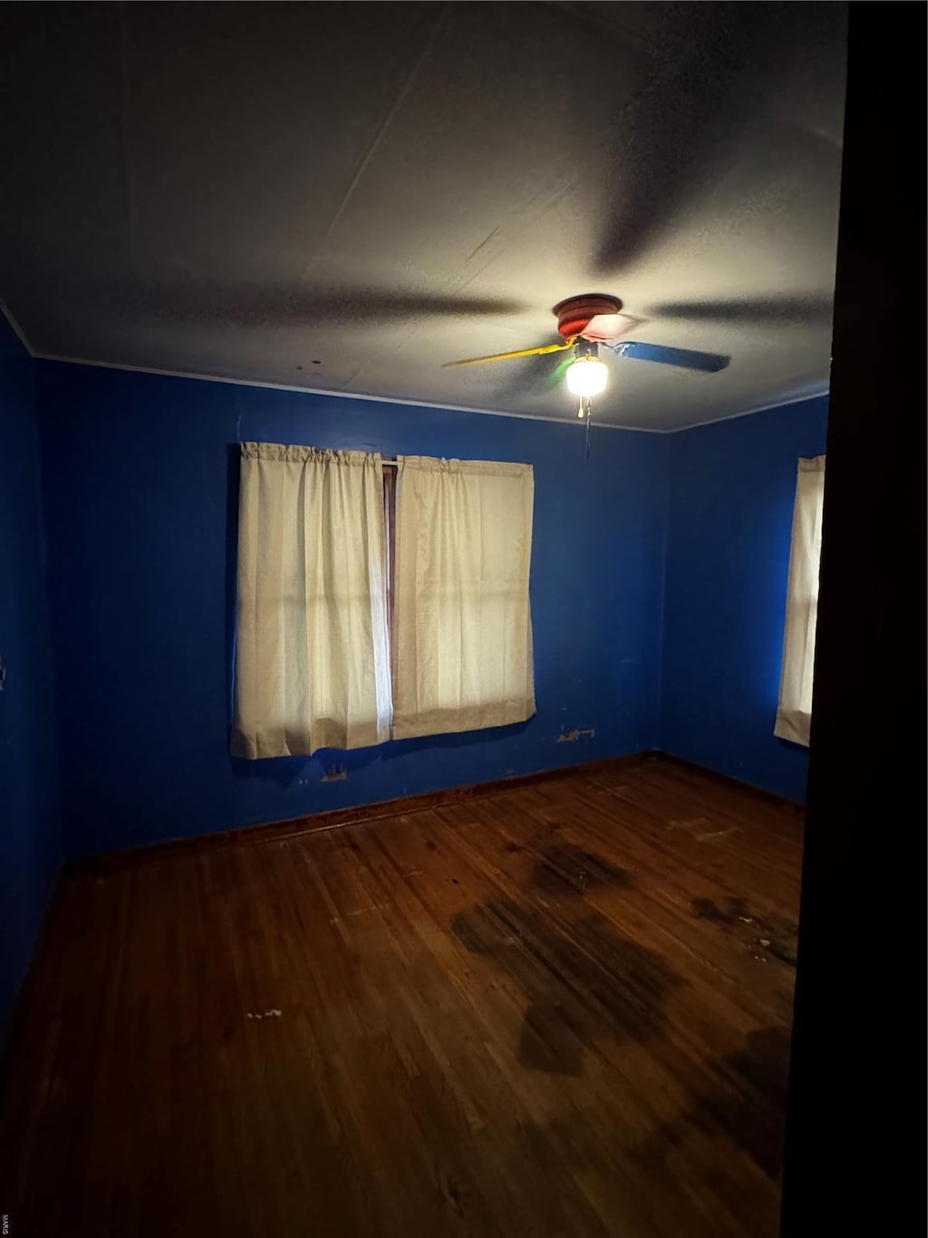 unfurnished room with wood finished floors and a ceiling fan
