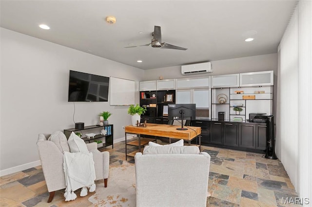 4545 Lindell Blvd Unit 3, Saint Louis, MO 63108 - office area with a wall unit AC, stone tile floors, a ceiling fan, recessed lighting, and baseboards