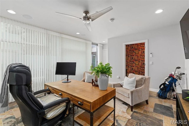 4545 Lindell Blvd Unit 3, Saint Louis, MO 63108 - office featuring stone tile floors, recessed lighting, a ceiling fan, and baseboards