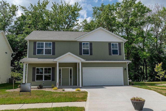 1461 Lexi Ln, Mascoutah, IL 62258 - view of front of property featuring driveway, an attached garage, cooling unit, covered porch, and a front lawn