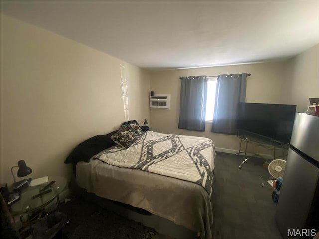 1 Proactive Dr, New Florence, MO 63363 - carpeted bedroom featuring freestanding refrigerator, baseboards, and an AC wall unit