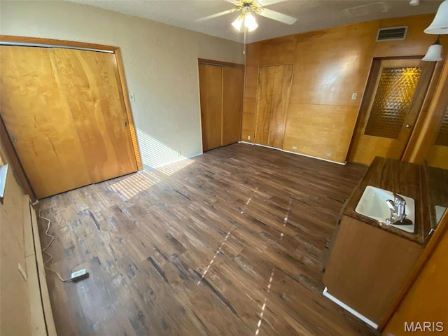 125 S 5th, Saint Charles, MO 63301 - unfurnished bedroom with wood finished floors, a sink, multiple closets, and ceiling fan