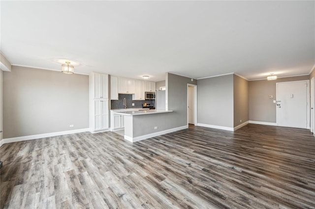 4466 W Pine Blvd Unit 22G, Saint Louis, MO 63108 - unfurnished living room with dark wood-style flooring, baseboards, ornamental molding, and a sink