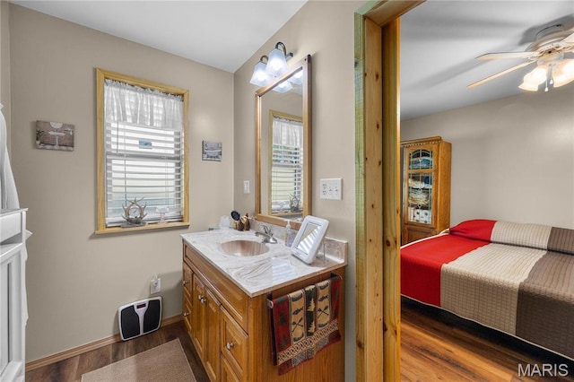 9136 Beach Dr, French Village, MO 63036 - bathroom with wood finished floors, healthy amount of natural light, ceiling fan, and vanity