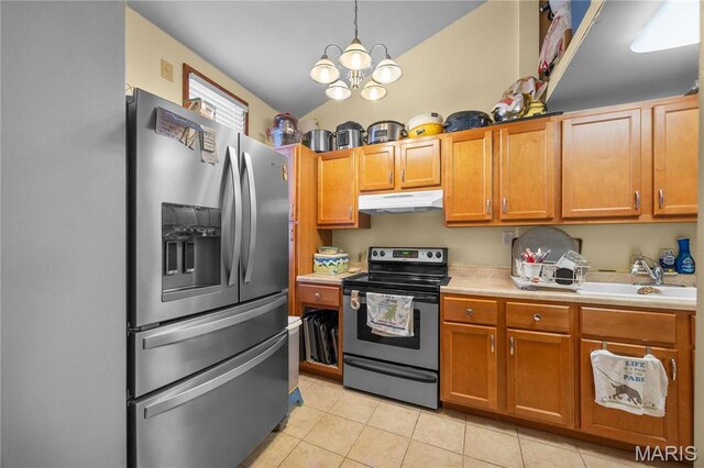 9136 Beach Dr, French Village, MO 63036 - kitchen with appliances with stainless steel finishes, under cabinet range hood, a sink, light countertops, and light tile patterned floors