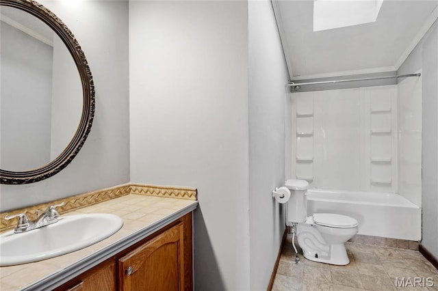 bathroom featuring baseboards, ornamental molding, toilet, vanity, and shower / bath combination