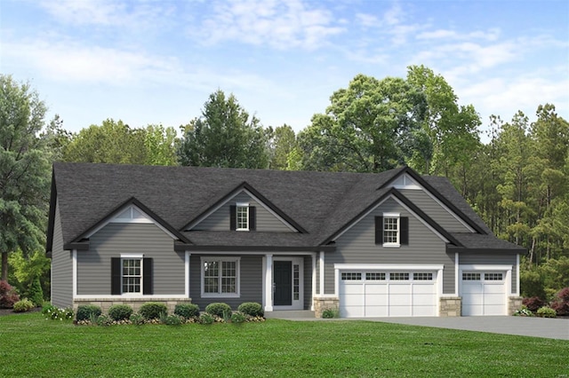 traditional home with stone siding, asphalt driveway, a front yard, and roof with shingles