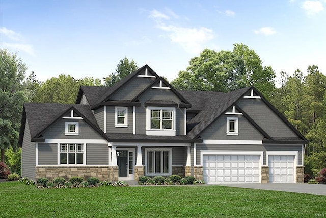 craftsman-style home with stone siding, concrete driveway, a garage, a front lawn, and roof with shingles