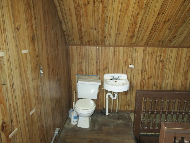 204 E Wayne St, Ironton, MO 63650 - bathroom featuring toilet, wooden walls, and wood finished floors