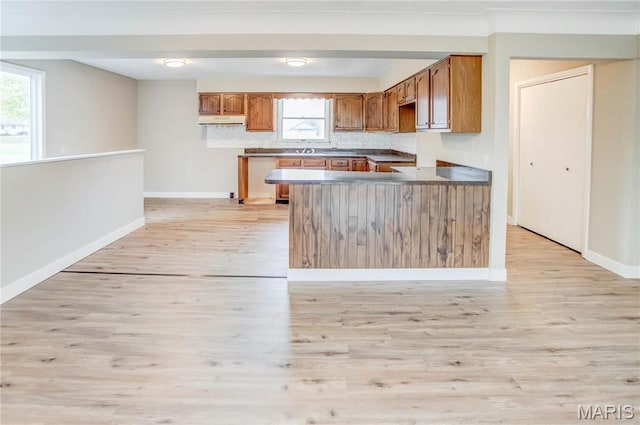 23388 Glenda Ave, Jerseyville, IL 62052 - kitchen with light wood-type flooring, brown cabinetry, a peninsula, and under cabinet range hood