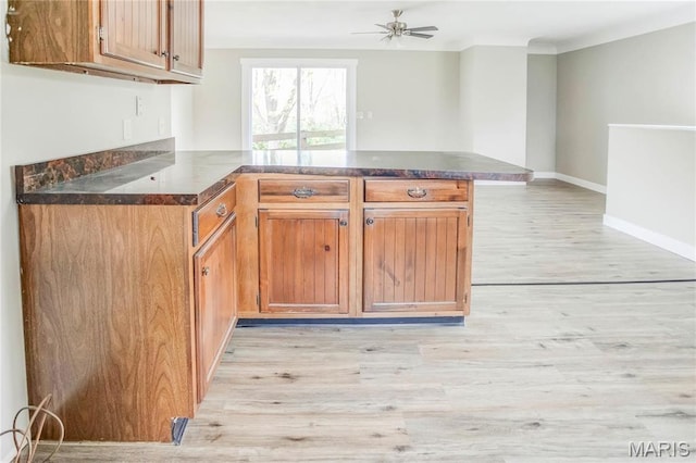23388 Glenda Ave, Jerseyville, IL 62052 - kitchen featuring a peninsula, light wood-style flooring, a ceiling fan, open floor plan, and ornamental molding