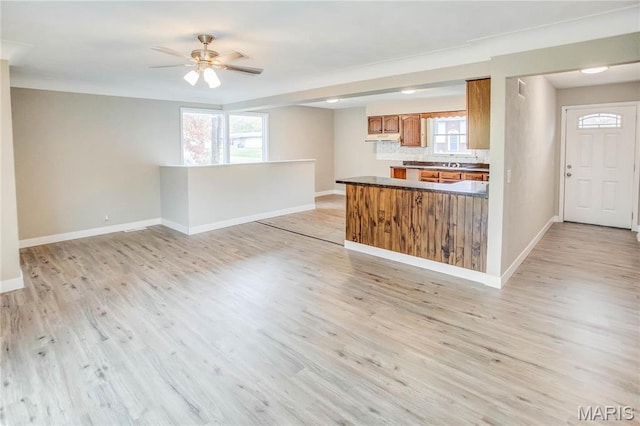 23388 Glenda Ave, Jerseyville, IL 62052 - kitchen with brown cabinets, under cabinet range hood, open floor plan, a ceiling fan, and light wood-type flooring