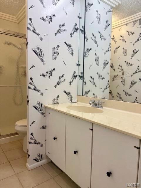 10367 Oxford Hill Dr Unit 26, Saint Louis, MO 63146 - full bathroom with a textured ceiling, tile patterned floors, vanity, toilet, and a stall shower