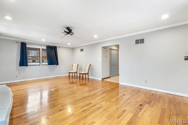 803 Fairview Dr, Washington, MO 63090 - empty room with recessed lighting, ornamental molding, a ceiling fan, baseboards, and light wood-style floors