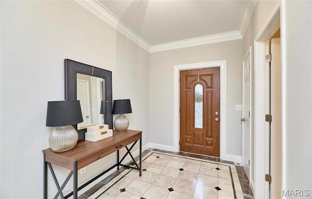foyer entrance with baseboards, crown molding, light tile patterned floors, and inlaid floor details