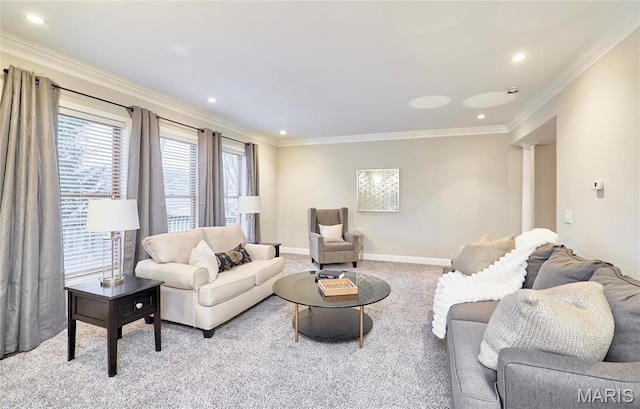 carpeted living room featuring crown molding, ornate columns, recessed lighting, and baseboards