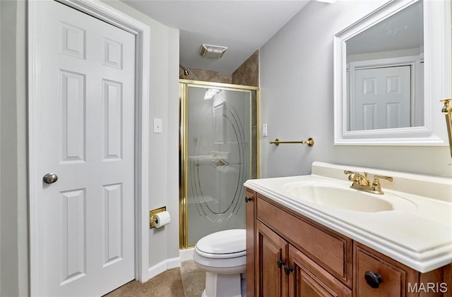 full bath featuring a stall shower, vanity, toilet, and baseboards