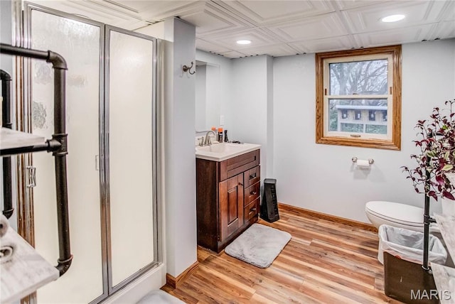 121 Douglas Dr, Pleasant Hill, IL 62366 - bathroom with a stall shower, baseboards, vanity, recessed lighting, and wood finished floors