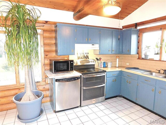 5 Sherwood Meadows Cir, Marthasville, MO 63357 - kitchen with stainless steel appliances, log walls, blue cabinetry, a sink, and light countertops